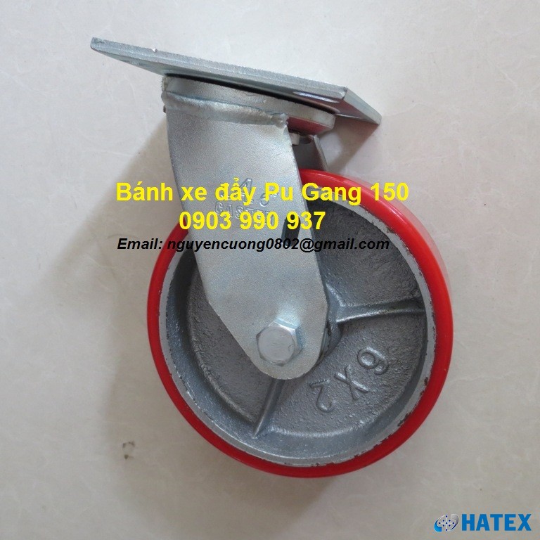 Bánh xe Pu gang Ø125 càng thép xoay