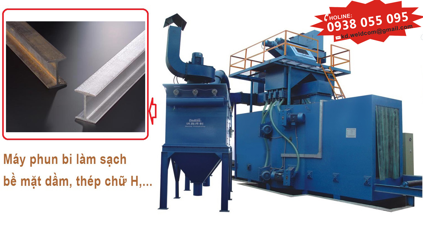 Dây chuyền máy phun bi làm sạch dầm H nhà thép tiền chế