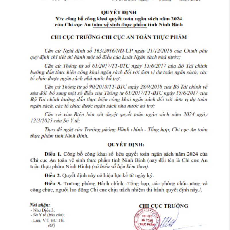 Quyết định công khai quyết toán ngân sách nhà nước năm 2024 (số QĐ 110)