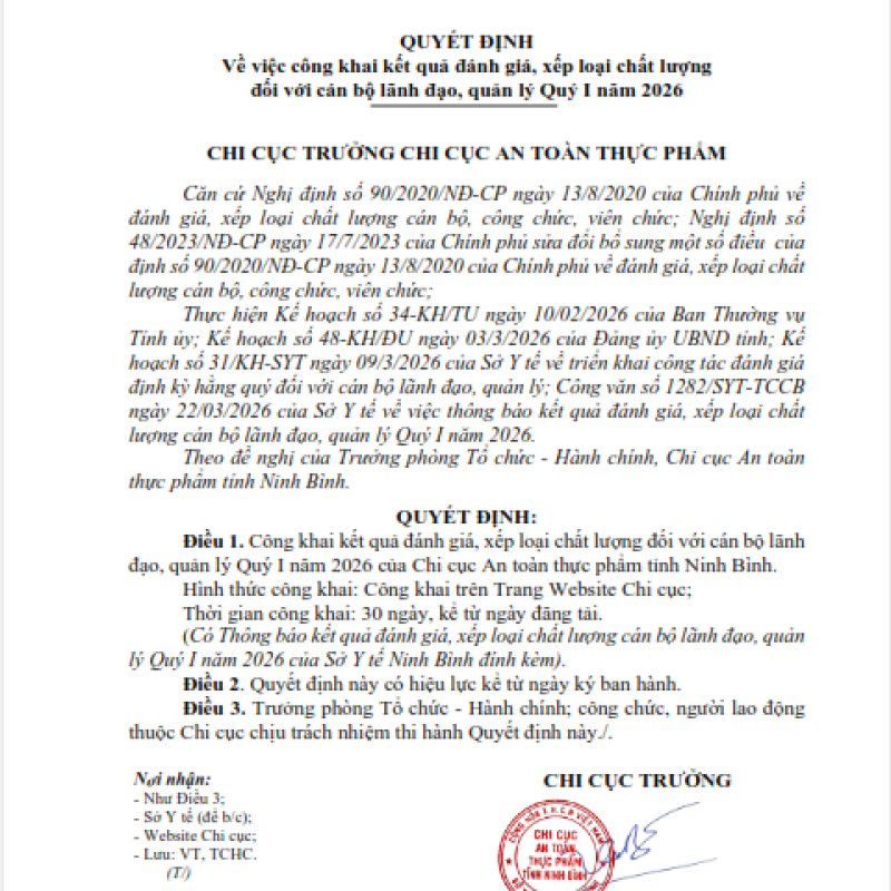 Về việc công khai kết quả đánh giá, xếp loại chất lượng đối với cán bộ lãnh đạo, quản lý Quý I năm 2026