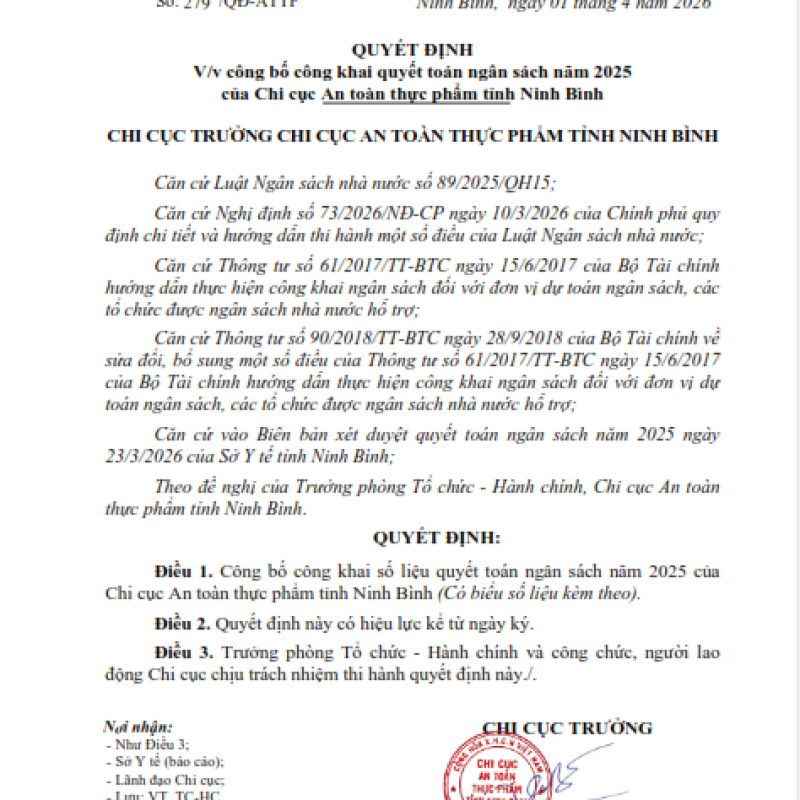 Quyết định công bố công khai quyết toán ngân sách năm 2025