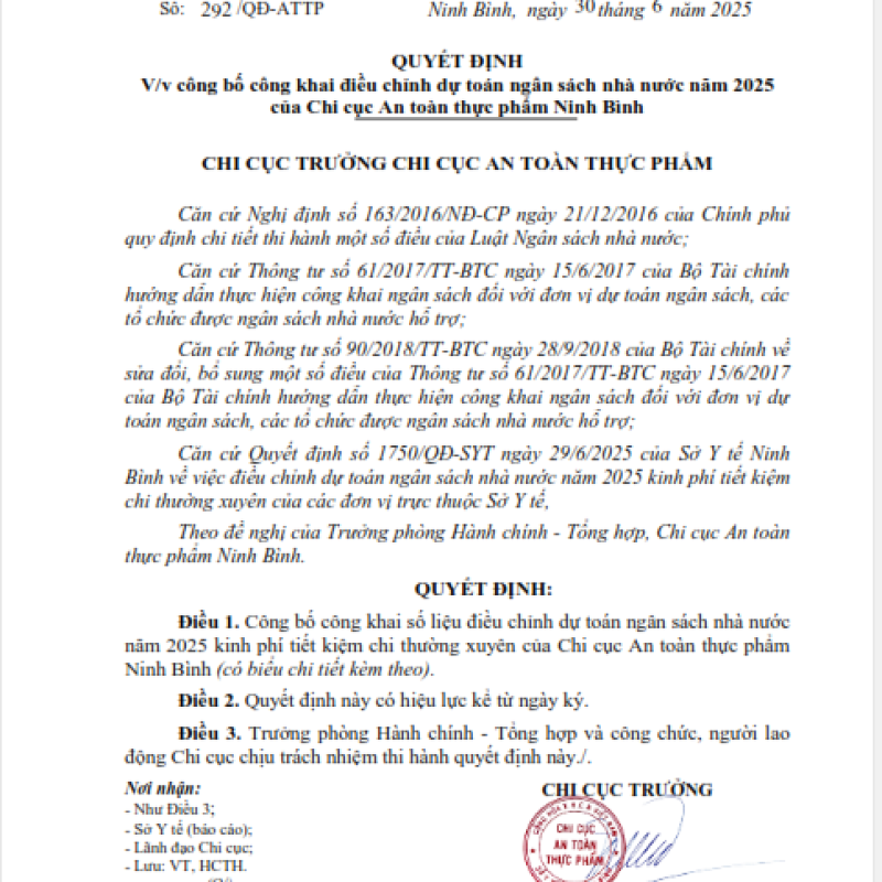 Quyết định công khai điều chỉnh dự toán ngân sách năm 2025 (số QĐ 292)
