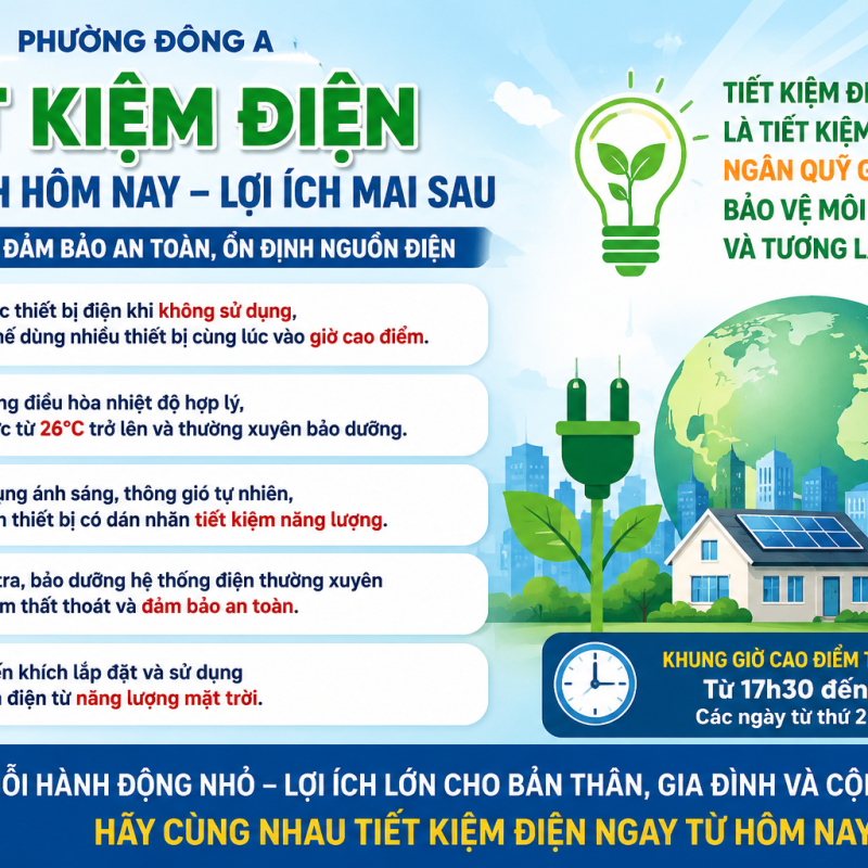 Phường Đông A đẩy mạnh tuyên truyền sử dụng điện tiết kiệm và hiệu quả trong mùa cao điểm nắng nóng năm 2026