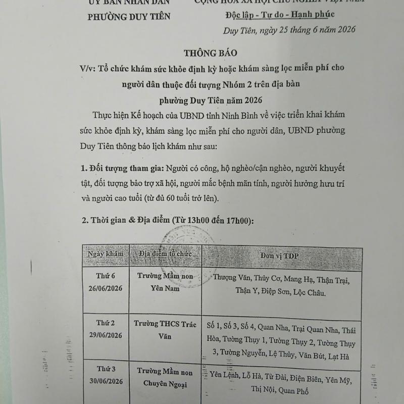 UBND phường Duy Tiên thông báo vè việc tổ chức khám sức khỏe định kỳ hoặc khám sàng lọc cho người dân thuộc nhóm đối tượng nhóm 2 trên địa bàn năm 2026