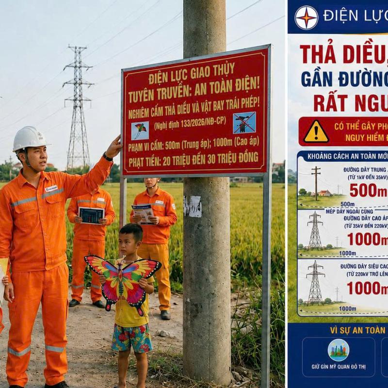 Cảnh báo nguy cơ mất an toàn điện từ hành vi thả diều gần hành lang lưới điện
