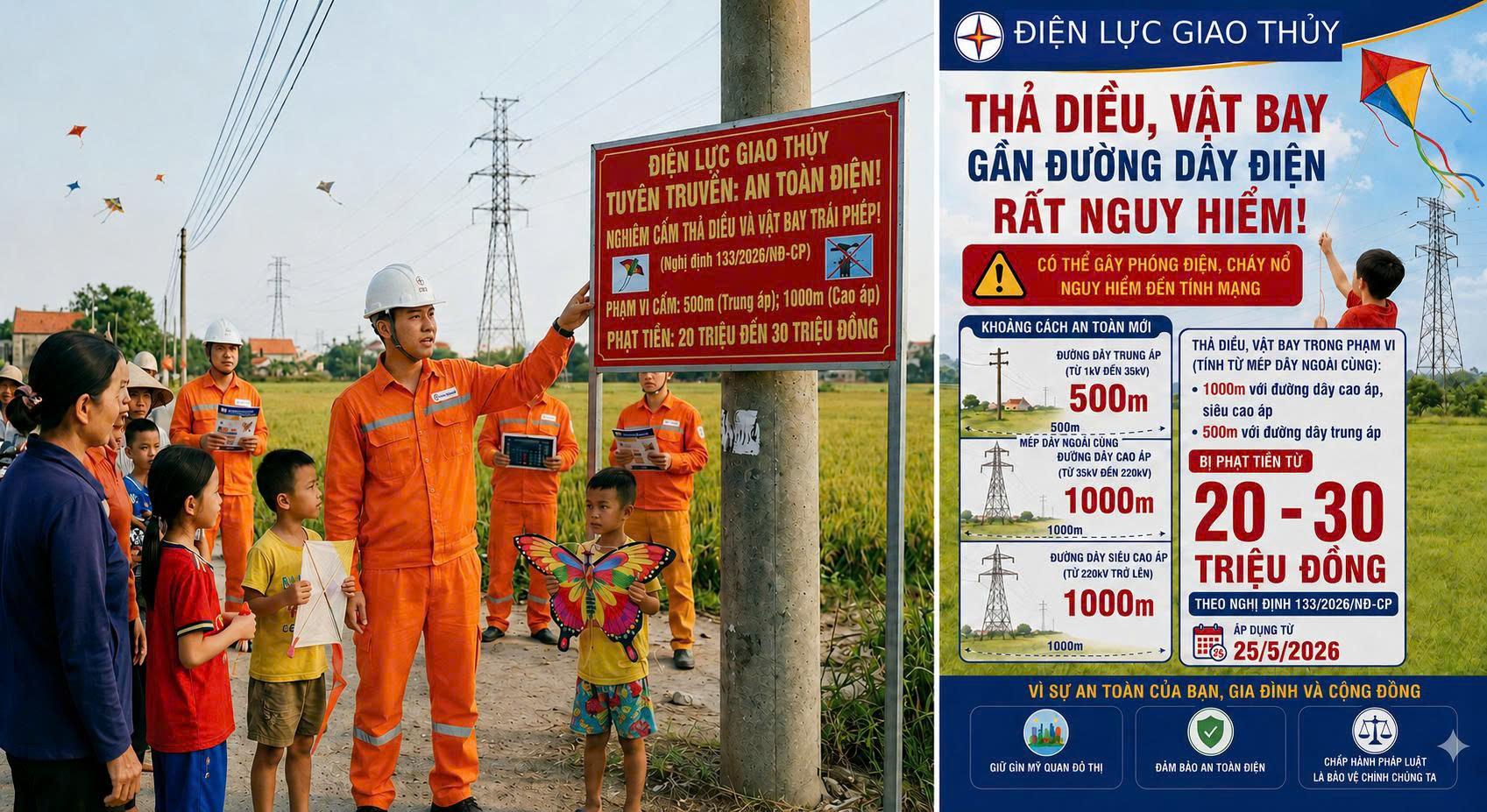 Cảnh báo nguy cơ mất an toàn điện từ hành vi thả diều gần hành lang lưới điện