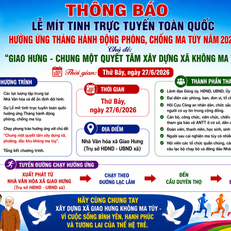 LỄ MÍT TINH TRỰC TUYẾN TOÀN QUỐC HƯỞNG ỨNG THÁNG HÀNH ĐỘNG PHÒNG, CHỐNG MA TÚY NĂM 2026, Chủ đề: "Giao Hưng - Chung một quyết tâm xây dựng xã không ma túy"
