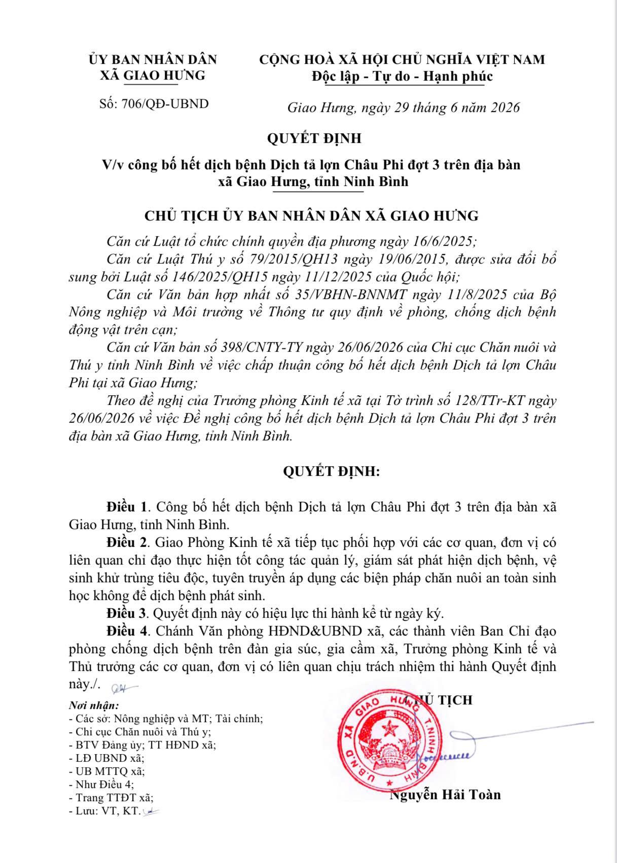 công bố hết dịch tả