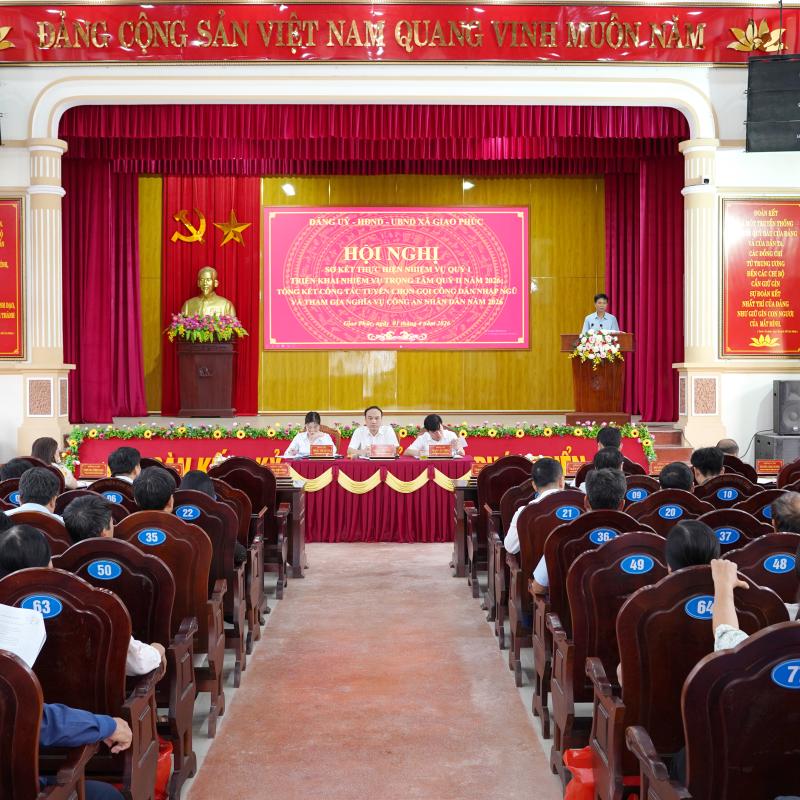 Xã Giao Phúc tổ chức Hội nghị Sơ kết thực hiện nhiệm vụ chính trị Quý I, triển khai nhiệm vụ trọng tâm Quý II năm 2026; Tổng kết công tác tuyển chọn, gọi công dân nhập ngũ và tham gia nghĩa vụ Công an nhân dân năm 2026