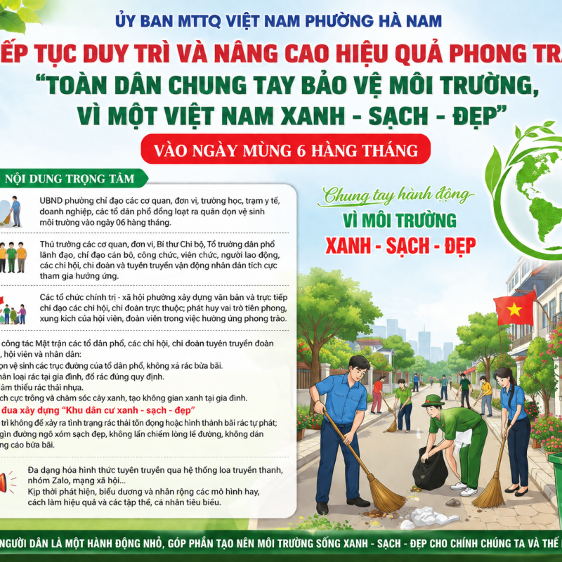 Phường Hà Nam tiếp tục duy trì phong trào "Toàn dân chung tay bảo vệ môi trường, vì một Việt Nam xanh - sạch - đẹp" vào ngày mùng 6 hằng tháng
