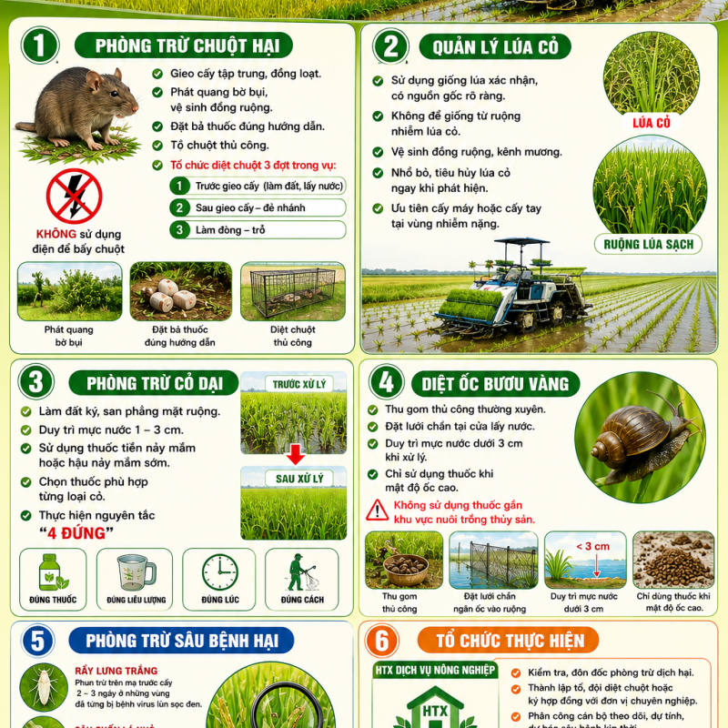 HƯỚNG DẪN BIỆN PHÁP DIỆT CHUỘT, QUẢN LÝ LÚA CỎ, CỎ DẠI, ỐC BƯƠU VÀNG VÀ MỘT SỐ DỊCH HẠI LÚA VỤ MÙA 2026.