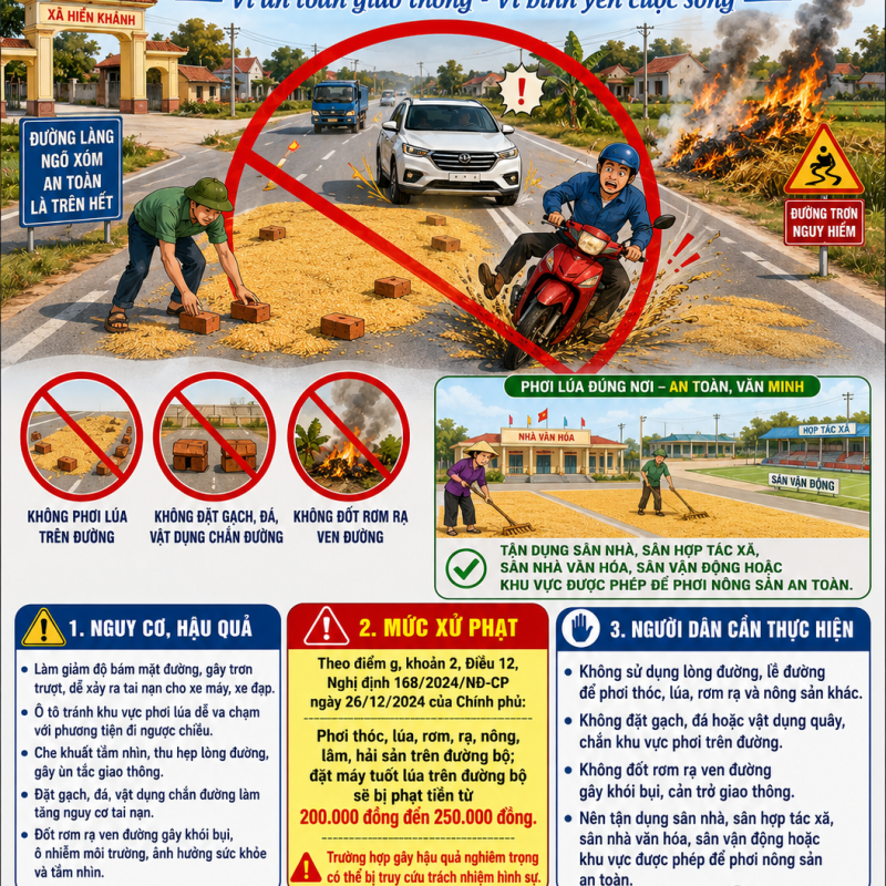 XÃ HIỂN KHÁNH TUYÊN TRUYỀN, NHẮC NHỞ NGƯỜI DÂN KHÔNG PHƠI LÚA TRÊN ĐƯỜNG, ĐỐT RƠM, RẠ.