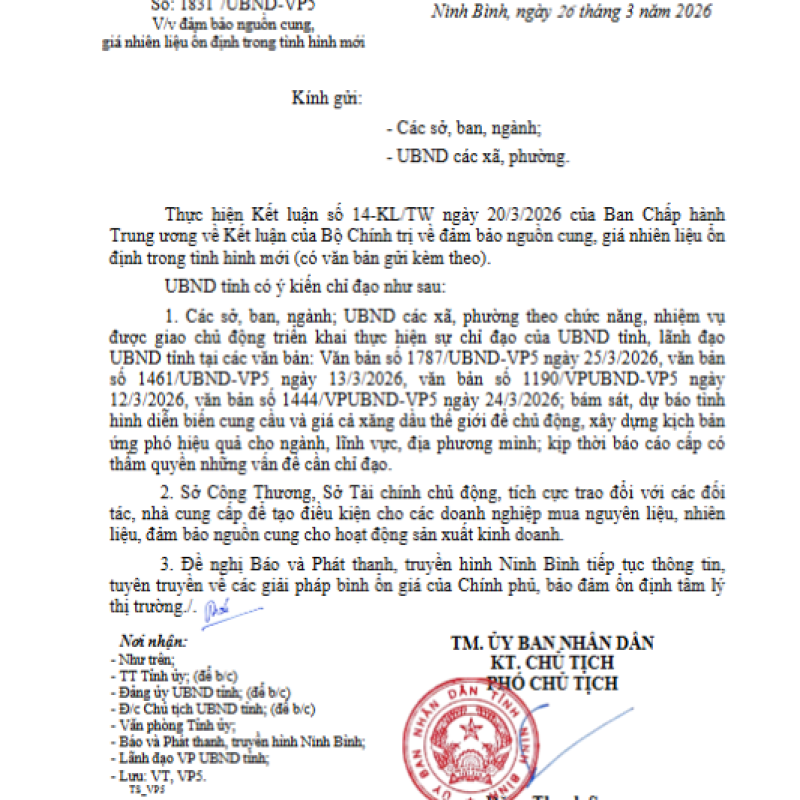 V/v đảm bảo nguồn cung, giá nhiên liệu ổn định trong tình hình mới