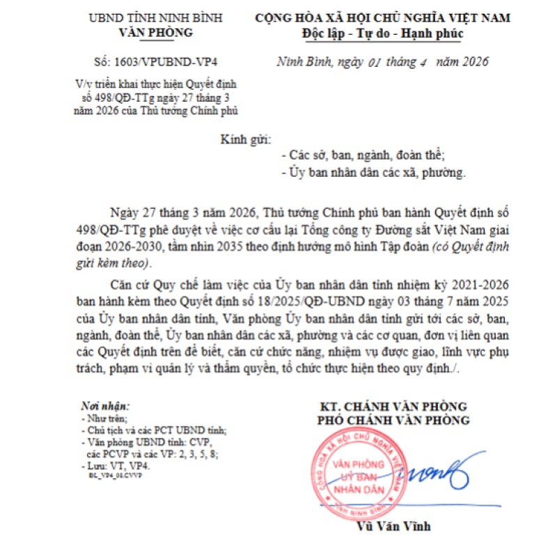 V/v triển khai thực hiện Quyết định số 498/QĐ-TTg ngày 27 tháng 3 năm 2026 của Thủ tướng Chính phủ