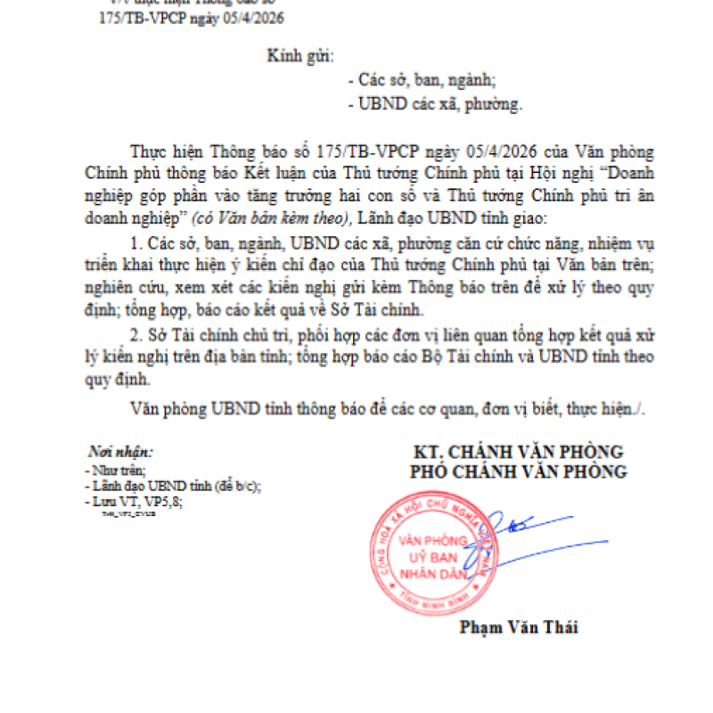 V/v thực hiện Thông báo số 175/TB-VPCP ngày 05/4/2026