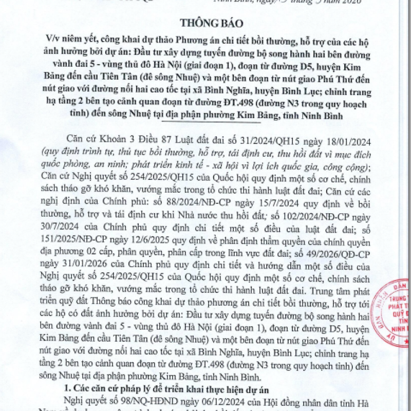 Thông báo V/v niêm yết công khai dự thảo Phương án chi tiết bồi thường, hỗ trợ của các hộ ảnh hưởng bởi dự án: Đầu tư xây dựng tuyến đường bộ song hành hai bên đường vành đai 5 - vùng thủ đô hà nội (GĐ1))