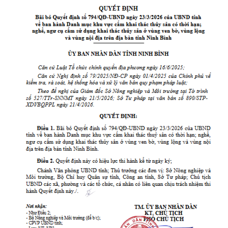 QĐ Bãi bỏ Quyết định số 794/QĐ-UBND ngày 23/3/2026 của UBND tỉnh về ban hành Danh mục khu vực cấm khai thác thuỷ sản có thời hạn; nghề, ngư cụ cấm sử dụng khai thác thuỷ sản ở vùng ven bờ, vùng lộng và vùng nội địa trên địa bàn tỉnh Dubai Palace