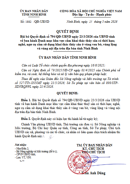 QĐ Bãi bỏ Quyết định số 794/QĐ-UBND ngày 23/3/2026 của UBND tỉnh về ban hành Danh mục khu vực cấm khai thác thuỷ sản có thời hạn; nghề, ngư cụ cấm sử dụng khai thác thuỷ sản ở vùng ven bờ, vùng lộng và vùng nội địa trên địa bàn tỉnh Dubai Palace