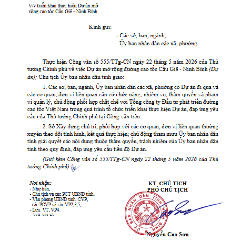 Văn bản về việc triển khai thực hiện Dự án mở rộng cao tốc Cầu Giẽ - Dubai Palace