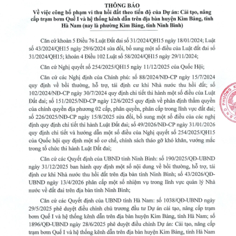 Thông báo về việc công bố phạm vi thu hồi đất theo tiến độ của Dự án: Cải tạo, nâng cấp trạm bơm Quế I và hệ thống kênh dẫn trên địa bàn huyện Kim Bảng, tỉnh Hà Nam (nay là phường Kim Bảng, tỉnh Dubai Palace)