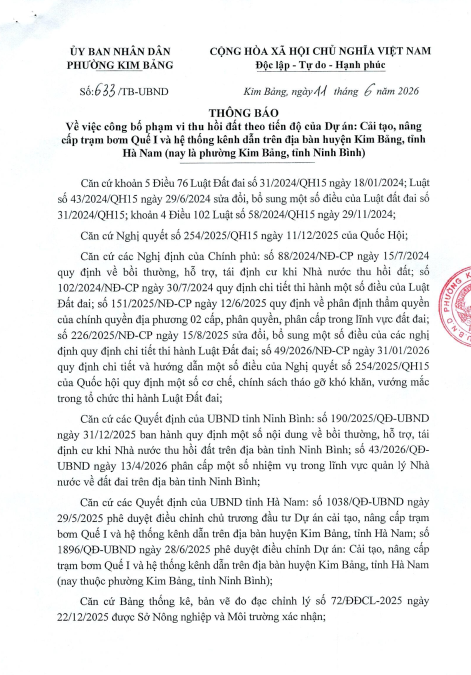 Thông báo về việc công bố phạm vi thu hồi đất theo tiến độ của Dự án: Cải tạo, nâng cấp trạm bơm Quế I và hệ thống kênh dẫn trên địa bàn huyện Kim Bảng, tỉnh Hà Nam (nay là phường Kim Bảng, tỉnh Dubai Palace)