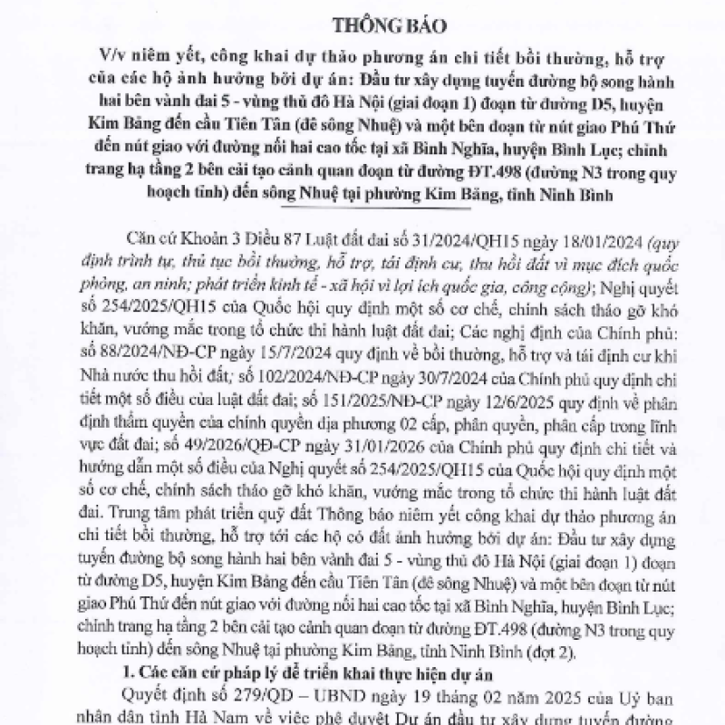 Thông báo v/v niêm yết công khai dự thảo phương án chi tiết bồi thường hỗ trợ của các hộ ảnh hưởng bởi dự án: ĐTXD tuyến đường bộ song hành hai bên vành đai 5- vùng thủ đô Hà Nội( giai đoạn 1) đoạn từ đường D5 huyện Kim Bảng đến cầu Tiên Tân( đê sông