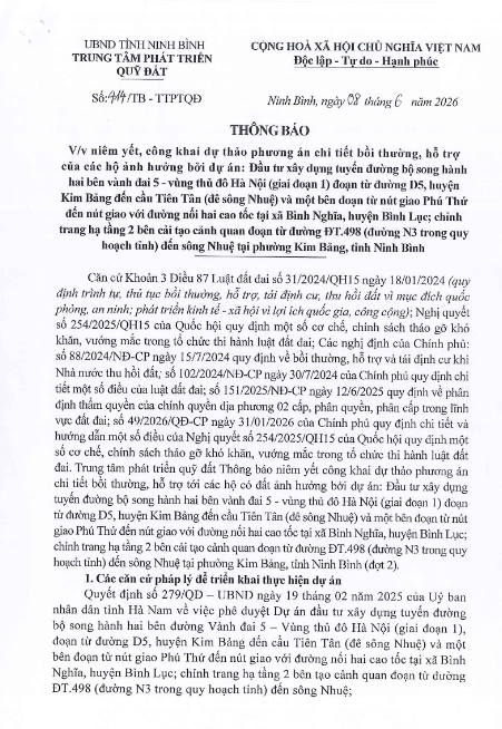 Thông báo v/v niêm yết công khai dự thảo phương án chi tiết bồi thường hỗ trợ của các hộ ảnh hưởng bởi dự án: ĐTXD tuyến đường bộ song hành hai bên vành đai 5- vùng thủ đô Hà Nội( giai đoạn 1) đoạn từ đường D5 huyện Kim Bảng đến cầu Tiên Tân( đê sông