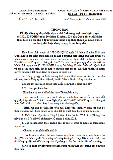 THÔNG BÁO Về việc đăng ký thực hiện dự án nhà ở thương mại theo Nghị quyết số 171/2024/QH15 ngày 30 tháng 11 năm 2024 của Quốc hội về thí điểm thực hiện dự án nhà ở thương mại thông qua thỏa thuận về nhận quyền sử dụng đất hoặc đang có quyền sử dụng