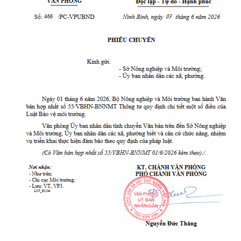 Phiếu chuyển (Văn bản hợp nhất số 55/VBHN-BNNMT ngày 01 tháng 6 năm 2026 của Bộ Nông nghiệp và Môi trường ban hành Thông tư quy định chi tiết một số điều của Luật Bảo vệ môi trường)