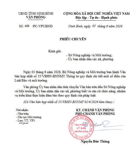 Phiếu chuyển (Văn bản hợp nhất số 55/VBHN-BNNMT ngày 01 tháng 6 năm 2026 của Bộ Nông nghiệp và Môi trường ban hành Thông tư quy định chi tiết một số điều của Luật Bảo vệ môi trường)