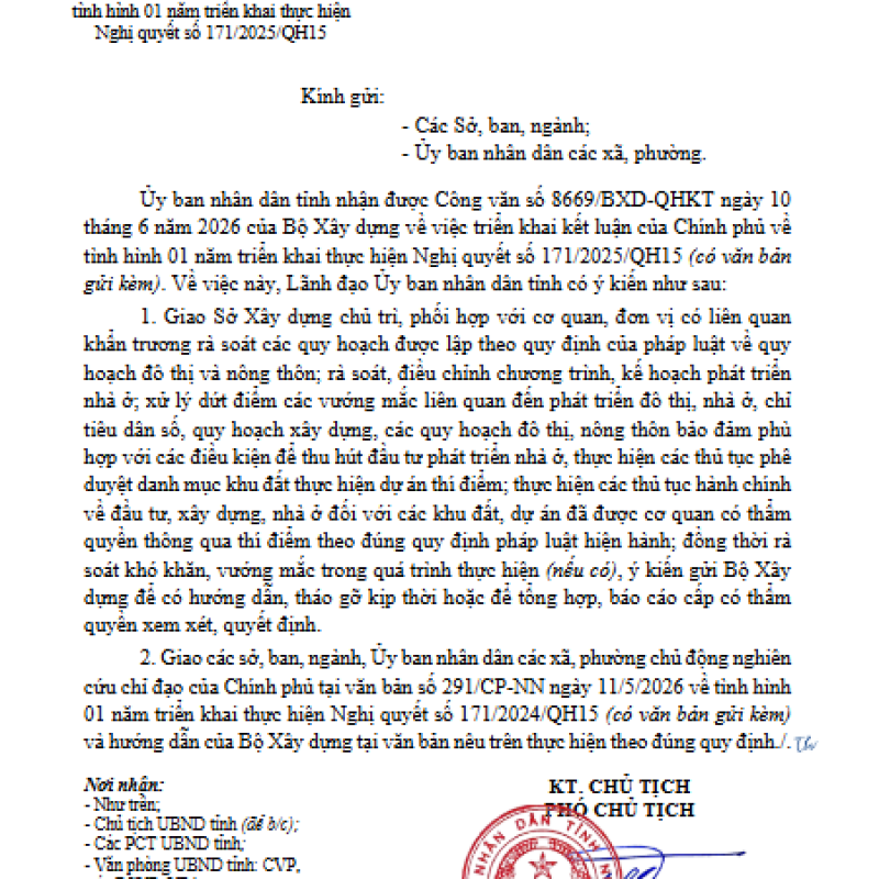 V/v triển khai kết luận của Chính phủ về tình hình 01 năm triển khai thực hiện Nghị quyết số 171/2025/QH15