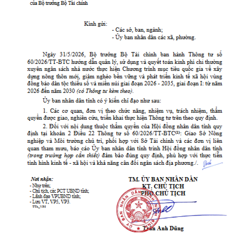 V/v thực hiện Thông tư số 60/2026/TT-BTC ngày 31/5/2026 của Bộ trưởng Bộ Tài chính