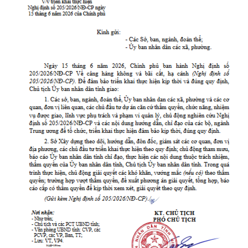 Về việc triển khai thực hiện Nghị định số 205/2026/NĐ-CP Về cảng hàng không và bãi cất, hạ cánh