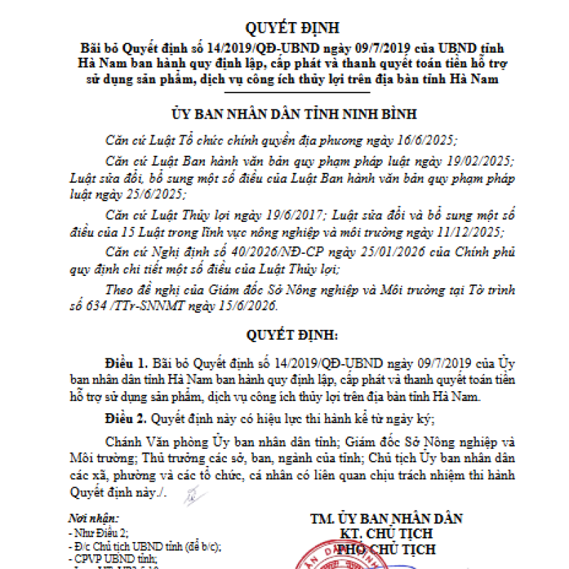 QĐ Bãi bỏ Quyết định số 14/2019/QĐ-UBND ngày 09/7/2019 của Ủy ban nhân dân tỉnh Hà Nam (cũ) ban hành quy định lập, cấp phát và thanh quyết toán tiền hỗ trợ sử dụng sản phẩm, dịch vụ công ích thủy lợi trên địa bàn tỉnh Hà Nam