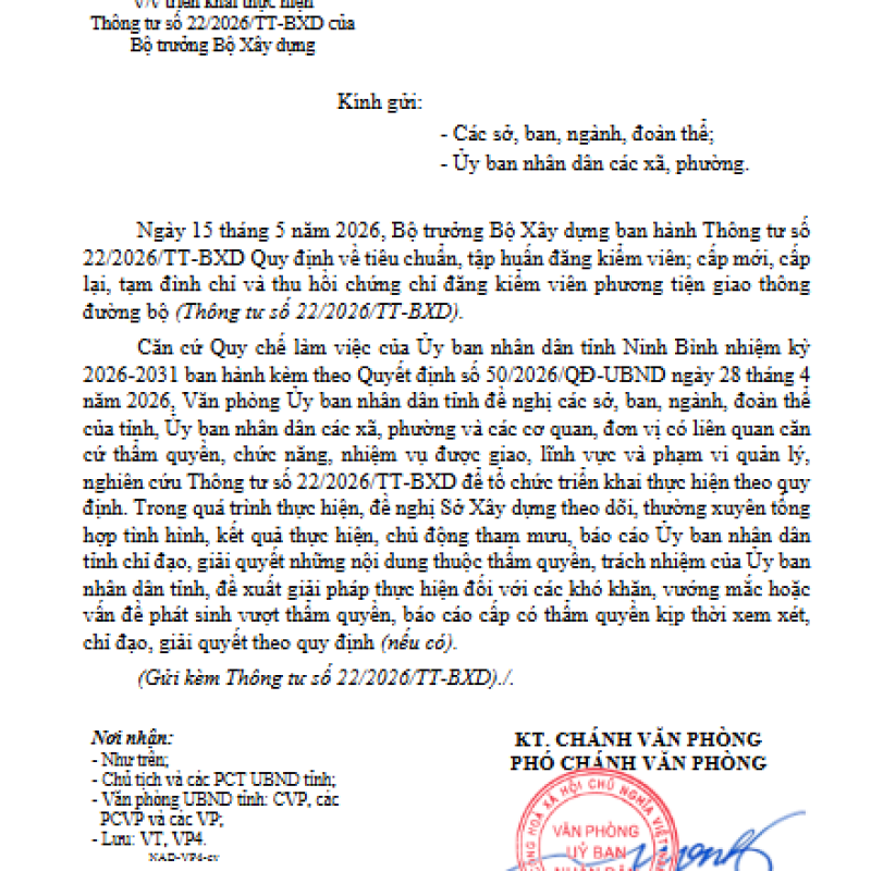 Về việc triển khai Thông tư số 22/2026/TT-BXD ngày 15 tháng 5 năm 2026