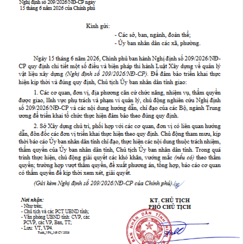 V/v triển khai thực hiện Nghị định số 209/2026/NĐ-CP ngày 15 tháng 6 năm 2026 của Chính phủ