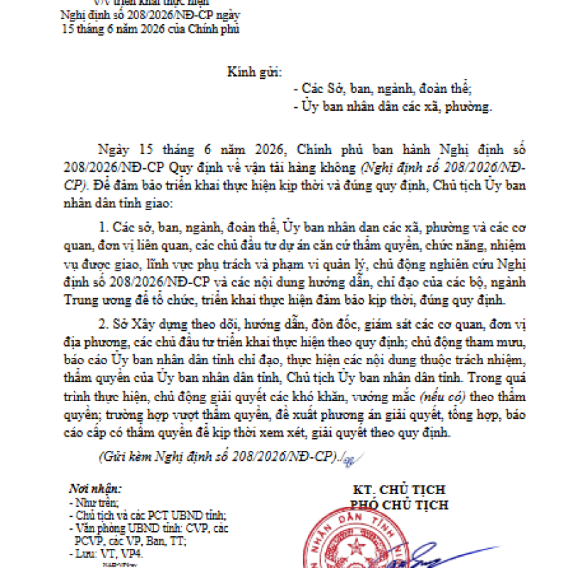 Về việc triển khai thực hiện Nghị định 208/2026/NĐ-CP Quy định về vận tải hàng không