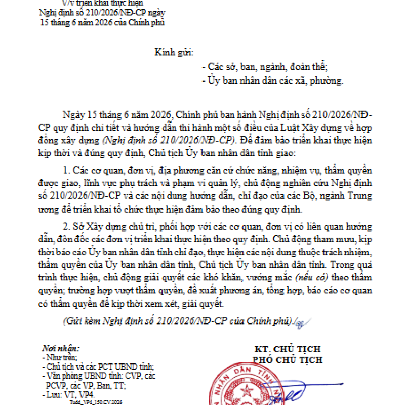 V/v triển khai thực hiện Nghị định số 210/2026/NĐ-CP ngày 15 tháng 6 năm 2026 của Chính phủ
