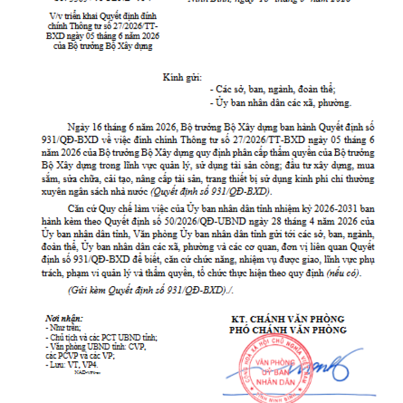 Về việc triển khai Quyết định đính chính thông tư số 27/2026/TT-BXD ngày 05 tháng 6 năm 2026 của Bộ trưởng Bộ Xây dựng