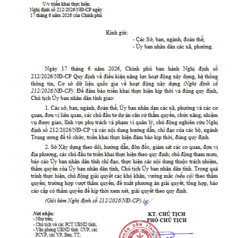 Về việc triển khai Nghị định 212/2026/NĐ-CP ngày 17 tháng 6 năm 2026 Quy định về điều kiện năng lực hoạt động xây dựng, hệ thống thông tin, Cơ sở dữ liệu quốc gia về hoạt động xây dựng