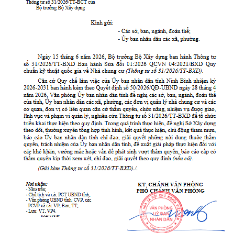 Về việc triển khai Thông tư 31/2026/TT-BXD Ban hành Sửa dổi 01:2026 QCVN 04:2021/BXD Quy chuẩn quốc gia về nhà chung cư