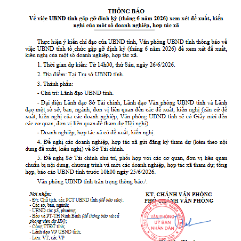 Thông báo Về việc UBND tỉnh gặp gỡ định kỳ (tháng 6 năm 2026) xem xét đề xuất, kiến nghị của một số doanh nghiệp, hợp tác xã