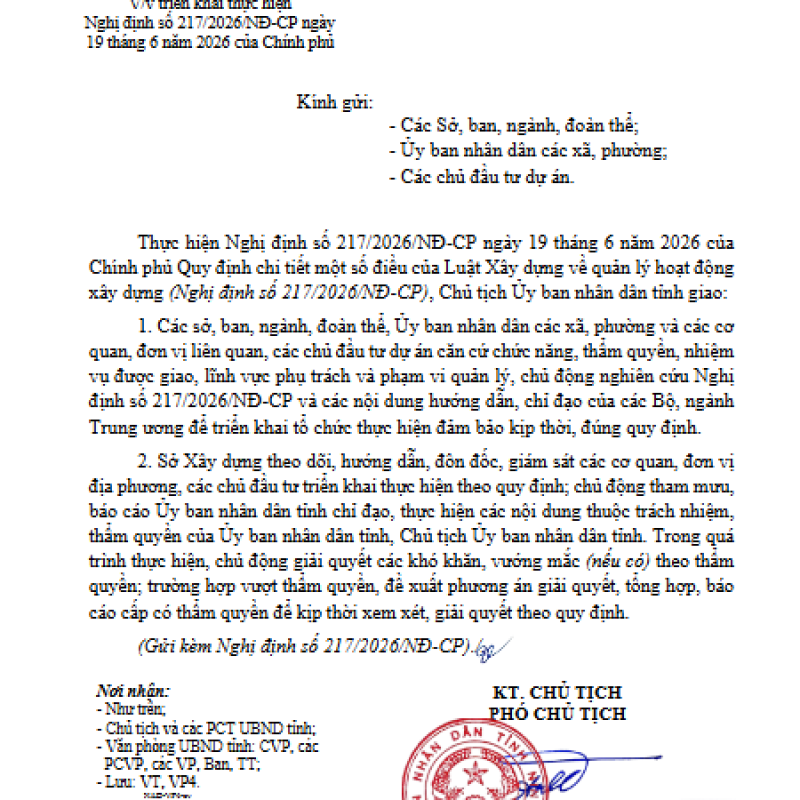 V/v triển khai Nghị định 217/2026/NĐ-CP quy định chi tiết một số điều của Luật Xây dựng về quản lý hoạt động xây dựng