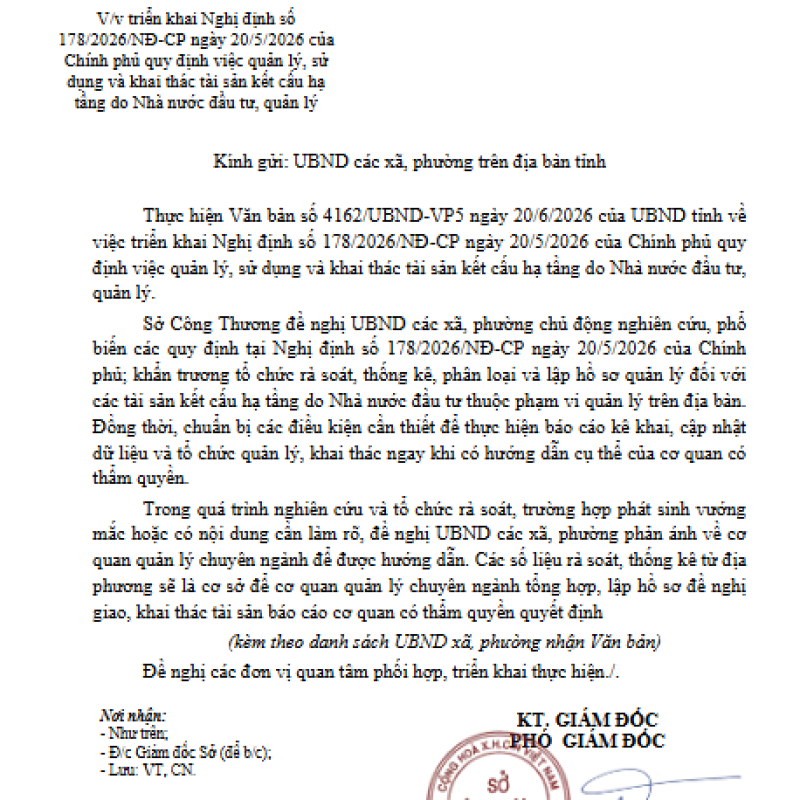V/v triển khai Nghị định số 178/2026/NĐ-CP ngày 20/5/2026 của Chính phủ quy định việc quản lý, sử dụng và khai thác tài sản kết cấu hạ tầng do Nhà nước Bắn Cá Dubai palace, quản lý