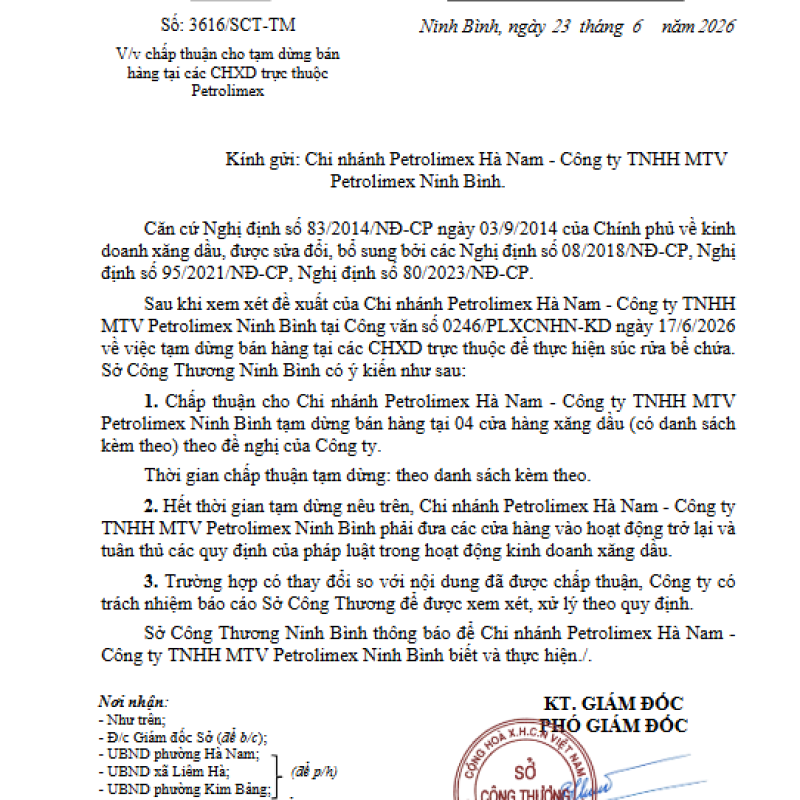 V/v chấp thuận cho tạm dừng bán hàng tại các CHXD trực thuộc Petrolimex