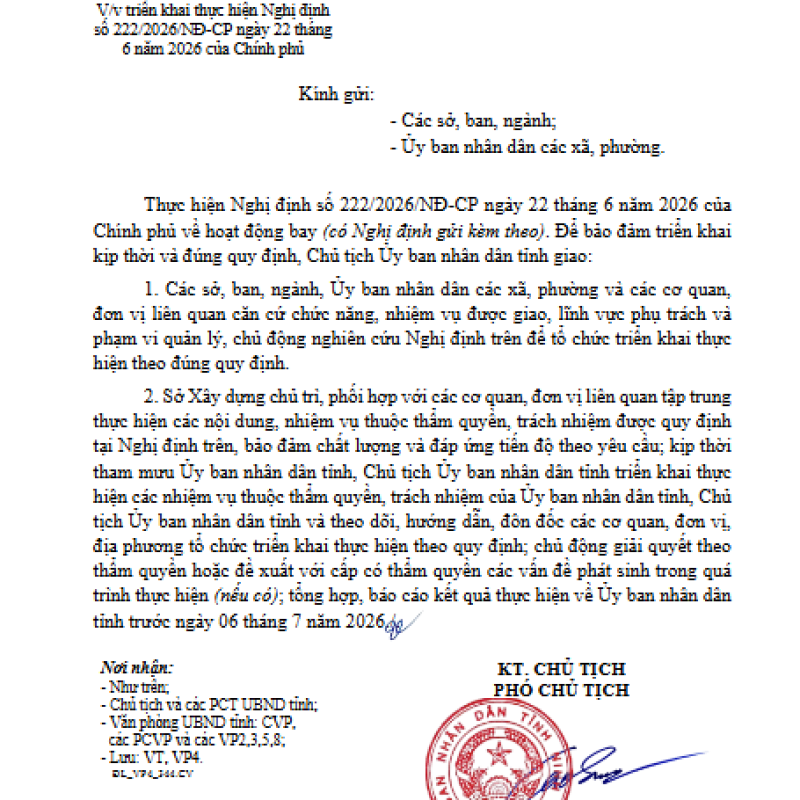 V/v triển khai thực hiện Nghị định số 222/2026/NĐ-CP ngày 22 tháng 6 năm 2026 của Chính phủ (Văn bản chỉ đạo)