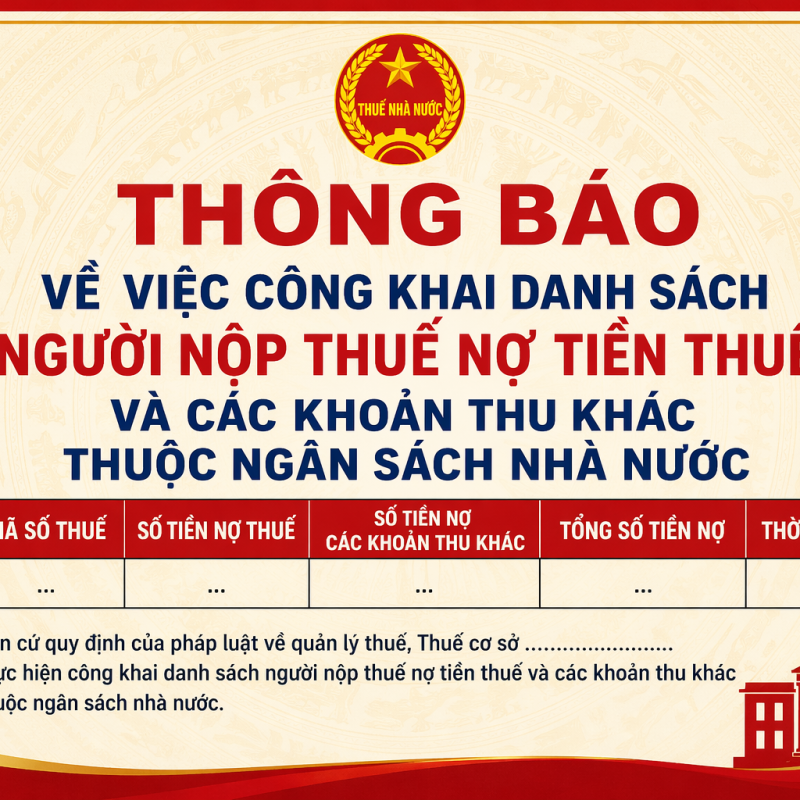 THÔNG BÁO VỀ  VIỆC CÔNG KHAI DANH SÁCH NGƯỜI NỘP THUẾ NỢ TIỀN THUẾ VÀ CÁC KHOẢN THU KHÁC THUỘC NGÂN SÁCH NHÀ NƯỚC