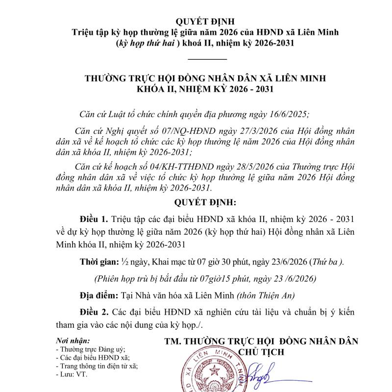 QUYẾT ĐỊNH Triệu tập kỳ họp thường lệ giữa năm 2026 của HĐND xã Liên Minh (kỳ họp thứ hai ) khoá II, nhiệm kỳ 2026-2031