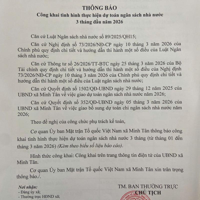 Ban Thường trực Ủy ban MTTQ Việt Nam xã Minh Tân Thông báo Công khai tình hình thực hiện dự toán ngân sách nhà nước 3 tháng đầu năm 2026