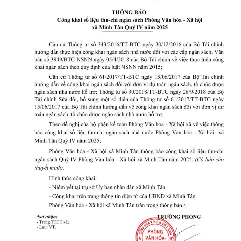 Thông báo công khai số liệu thu - Chi ngân sách phòng Văn hóa - Xã hội xã Minh Tân quý IV năm 2026
